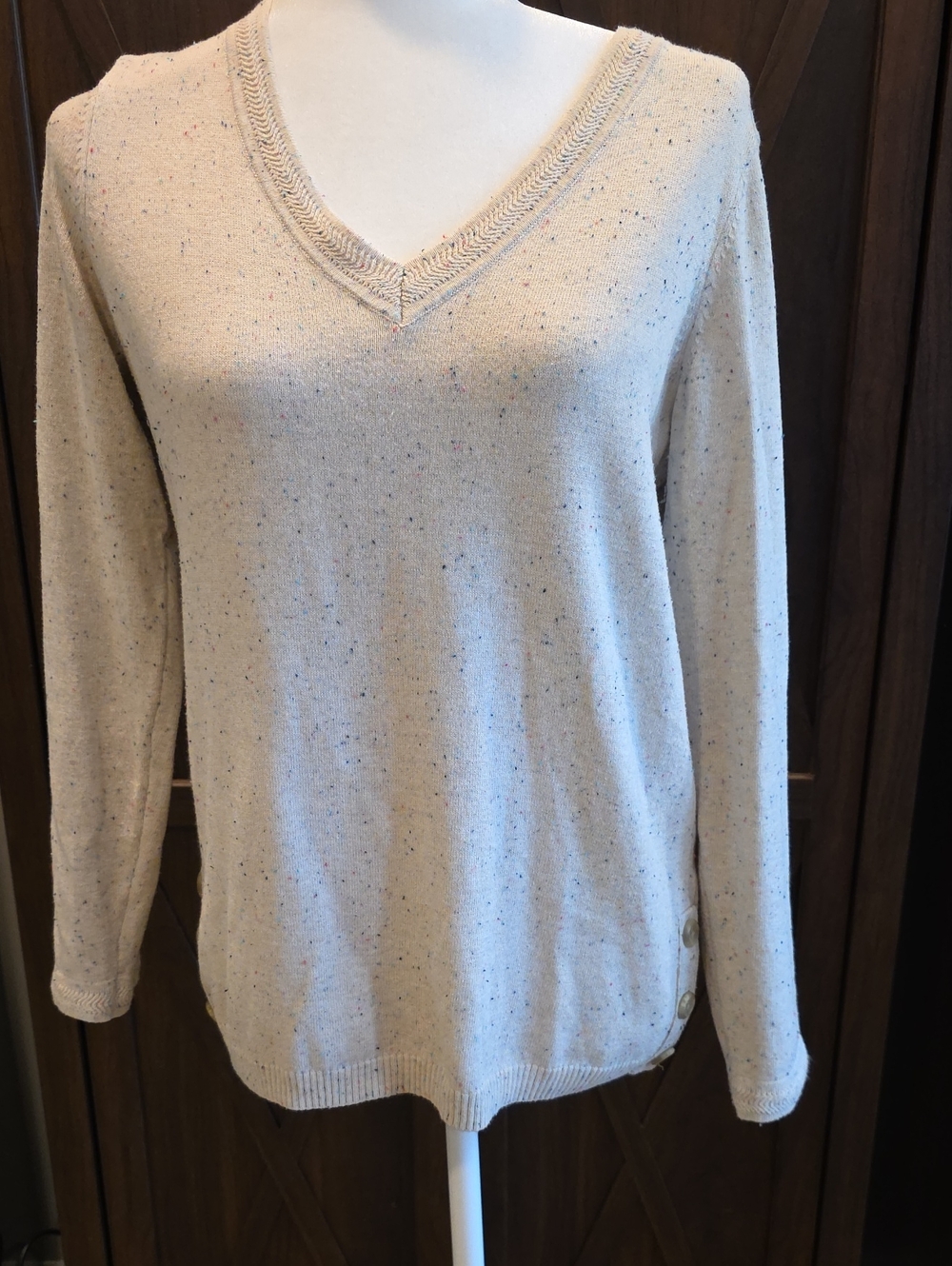 Talbots Cream Multicolor Speckled V-Neck Sweater